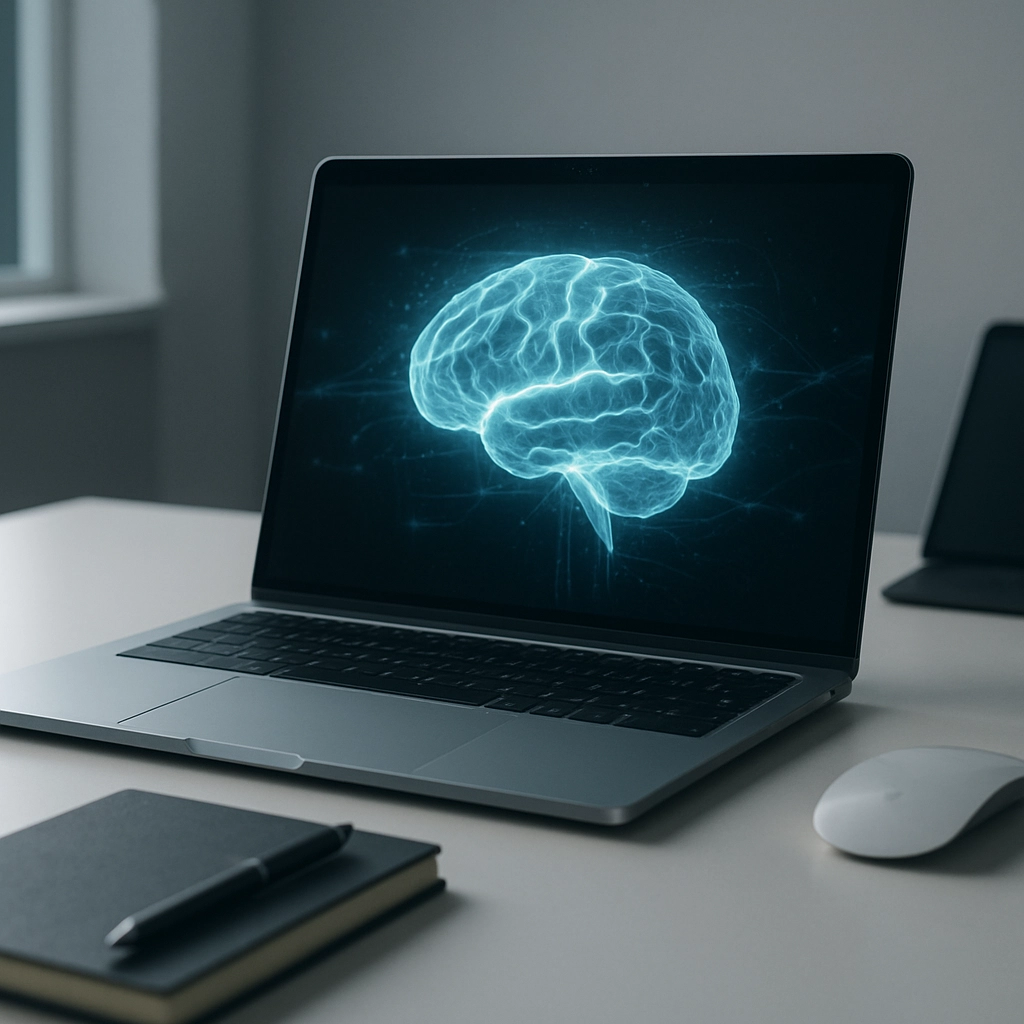 A photorealistic image of a futuristic, minimalist Mac setup with a floating holographic AI brain that is clearly non-textual, surrounded by subtle data streams and soft glowing connections, on a clean desk with a pen and notebook, high-quality, no text or words anywhere in the image