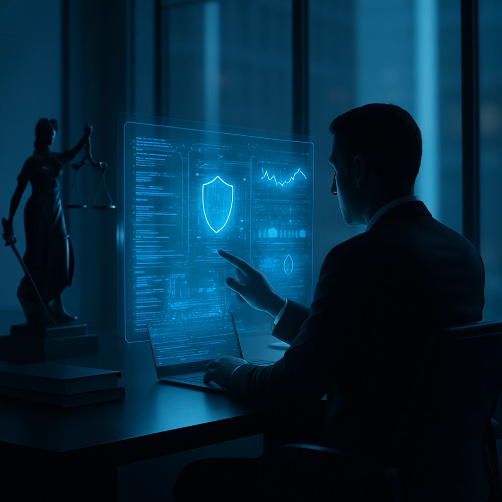 A realistic, high-quality image generation prompt: A photorealistic scene inside a modern law firm office. A silhouetted lawyer in a suit sits at a sleek desk, interacting with a futuristic holographic interface that projects code and data visualizations. The interface is glowing softly, and the entire scene is bathed in a cool, blue light, emphasizing the theme of secure and private computing. The image must be detailed and generate an image WITHOUT ANY TEXT, LETTERS, OR WORDS.