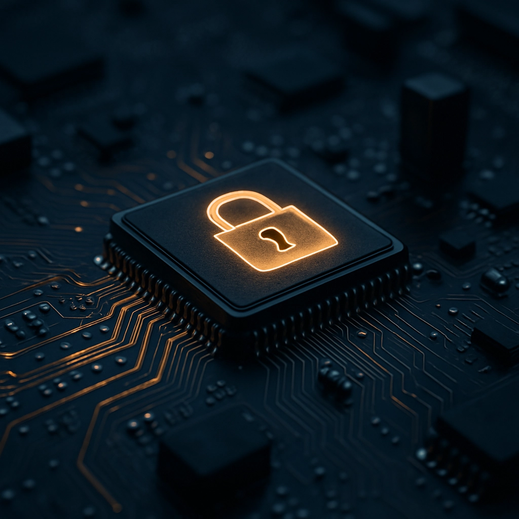 A high-resolution, realistic image generation prompt: A close-up, macro shot of a motherboard with glowing circuits and a miniature padlock icon embedded on a chip. The lighting highlights the intricate pathways of the circuit board, and the overall mood is that of secure, enterprise-grade hardware. The environment should be dark and sharp, showing the blend of physical hardware and digital security. The image must be photorealistic and generate an image WITHOUT ANY TEXT, LETTERS, OR WORDS.