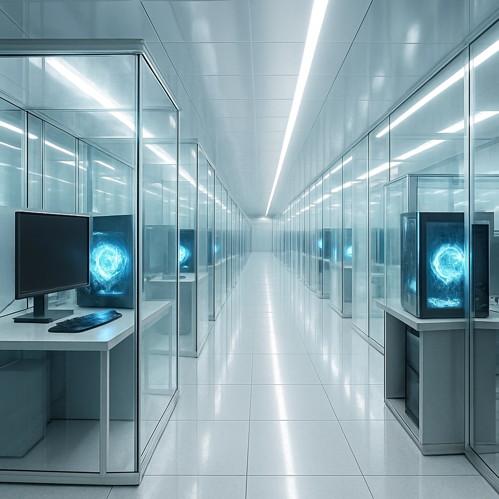 A realistic, cinematic image generation prompt: A wide-angle view of a futuristic data center landscape, but instead of massive server racks, there is a long hallway of transparent glass pods, each containing a personal desktop computer with a glowing AI core. The lighting is crystalline and white, suggesting extreme cleanliness and security. The hall is empty, emphasizing the solitude of personal data storage. The image should have a high production value and generate an image WITHOUT ANY TEXT, LETTERS, OR WORDS.