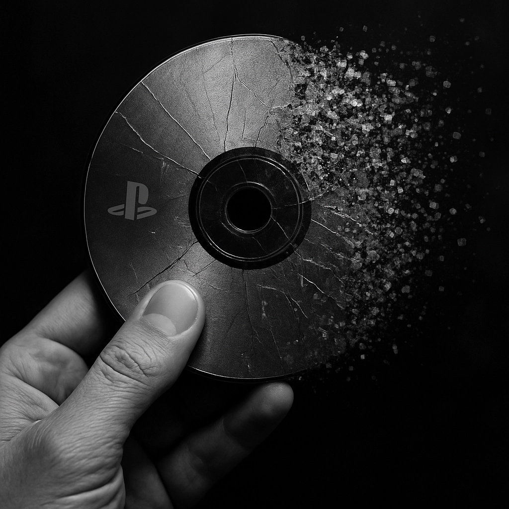 A close-up, high-contrast photograph of a hand holding a PlayStation disc, with the disc showing subtle cracks and dissolving into digital particles, symbolizing the transition from physical to digital, no text, letters, or words visible in the image, photorealistic style