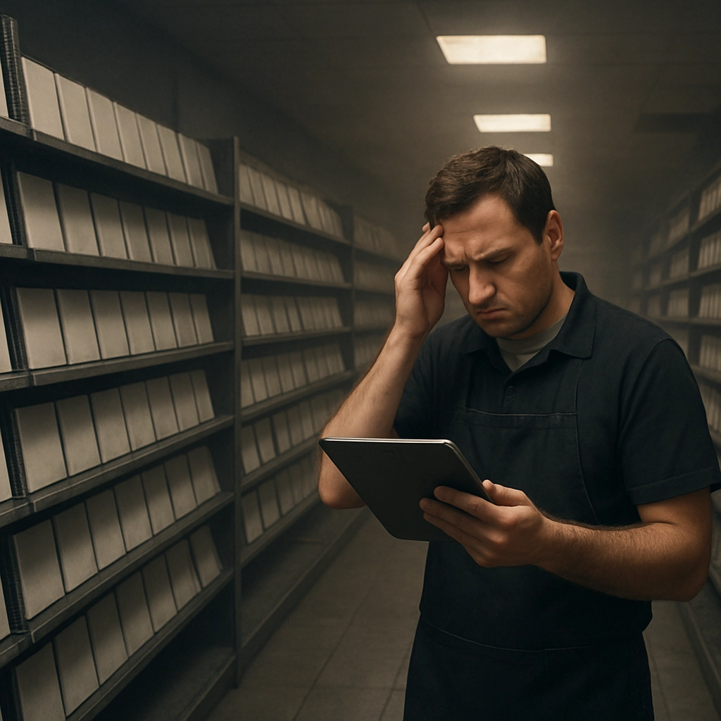 A wide-angle shot of an empty, dimly lit retail game store with shelves still stocked with game cases, but the cases are fading to white with no labels, and a staff member looking at a tablet in frustration, dusty atmosphere, realistic lighting, no text, letters, or words in the image