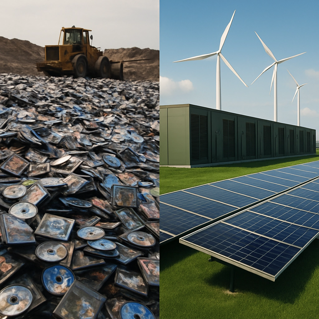 A split-screen image: on the left side, a photo of a landfill filled with old game discs and cases, while on the right side, an image of a green data center with solar panels and wind turbines, conveying the environmental trade-off, photorealistic, no text, letters, or words in the scene