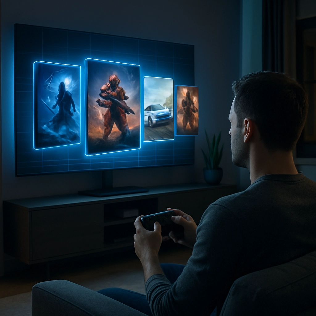 A futuristic living room with a person sitting on a couch, holding a wireless controller, facing a large TV that displays a floating holographic game selection interface with game boxes floating, no discs in sight, photorealistic, no text, letters, or words in the image