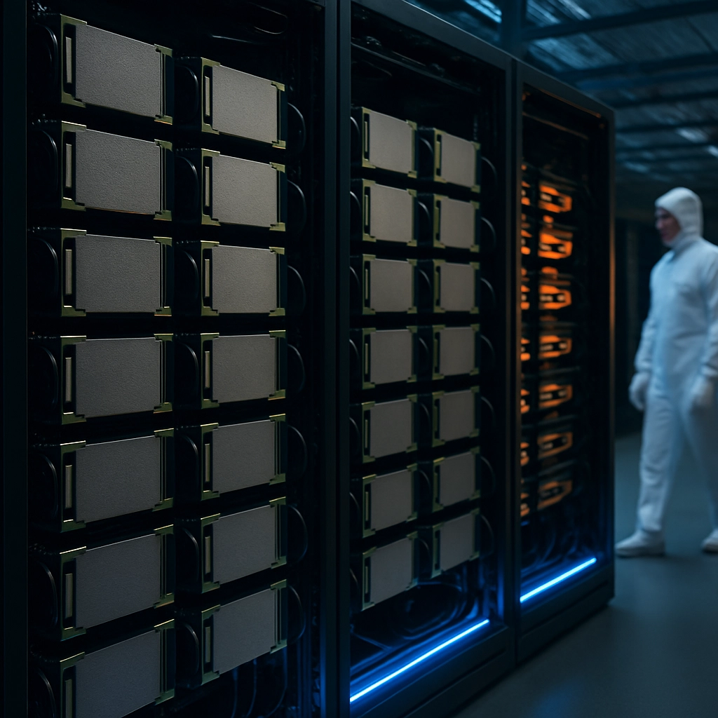 A photorealistic image of a dedicated room inside a data center filled with floor-to-ceiling racks of NVIDIA H100 GPUs. The GPUs are clearly visible with their distinctive silver heatsinks and green accents. The lighting is specialized, with cool blue LEDs underlining the racks and a faint orange glow from a nearby series of cables. In the background, a blurred engineer in a clean suit walks by, adding a sense of human scale. The image is sharp, detailed, and focuses on the hardware's power and density. It must contain absolutely no text, letters, or words.