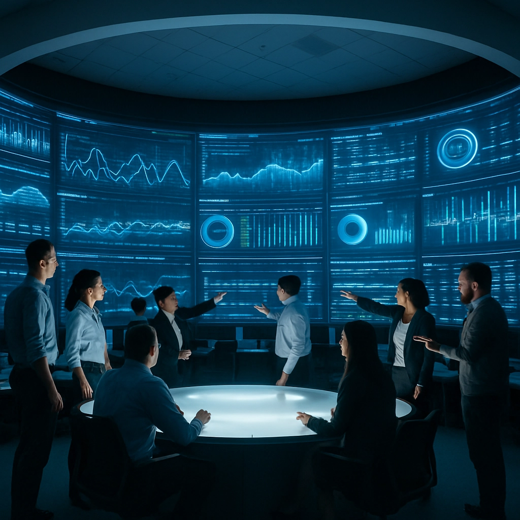 A photorealistic image of a giant, circular command center resembling NASA's mission control but themed for data centers and AI. A huge wall is covered in a digital screen showing real-time metrics like CPU usage and network traffic as glowing graphs and charts. Around a central, illuminated conference table, several professionals in business casual attire are standing and pointing at various data points. The atmosphere is intense but focused, with cool blue and white lighting. The image must emphasize the human element of managing vast digital infrastructure. It must be completely free of any text, letters, or words.