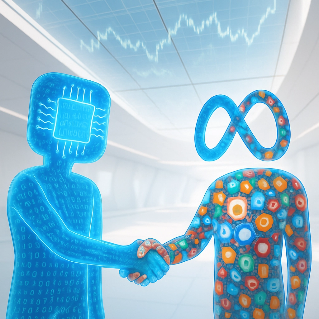 A photorealistic image showing a symbolic handshake between two translucent, digital figures. One figure is made of glowing blue code and represents 'Compute' with a shape resembling a networked chip. The other figure is made of a mosaic of colorful social media icons and a stylized 'M' shape, representing 'Meta'. They are shaking hands in the center of a futuristic, abstract white environment. Above them, a clear glass ceiling depicts global stock market charts. The image is metaphorical and clean, with a bright, optimistic tone, emphasizing a mutually beneficial partnership. It must contain zero text, letters, or words.