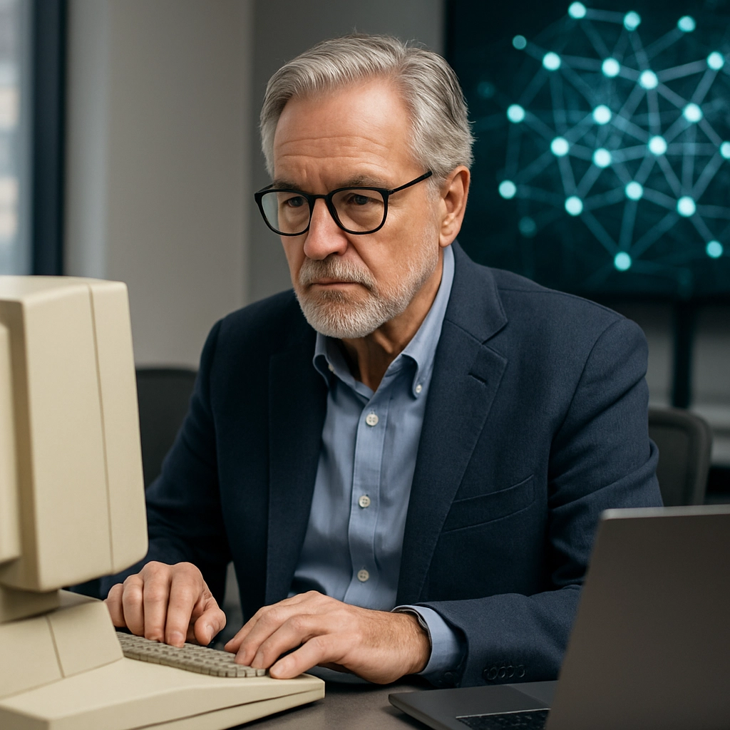 A realistic high-quality image of a mature man in his sixties with gray hair and glasses, sitting in a modern office, looking at a vintage computer terminal and a modern laptop simultaneously, with a glowing network of interconnected nodes visible on a screen in the background, conveying the passage of time and technological evolution, no text, letters, or words anywhere in the image