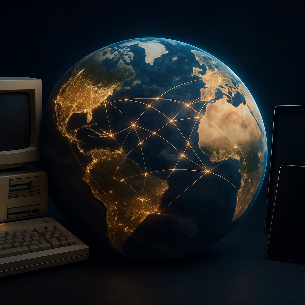 A realistic high-quality image of a global network visualization with interconnected glowing lines and nodes spanning across continents, with a mix of older computer hardware on the left side transitioning to modern smartphones and tablets on the right, symbolizing the evolution of connectivity, no text, letters, or words anywhere in the image