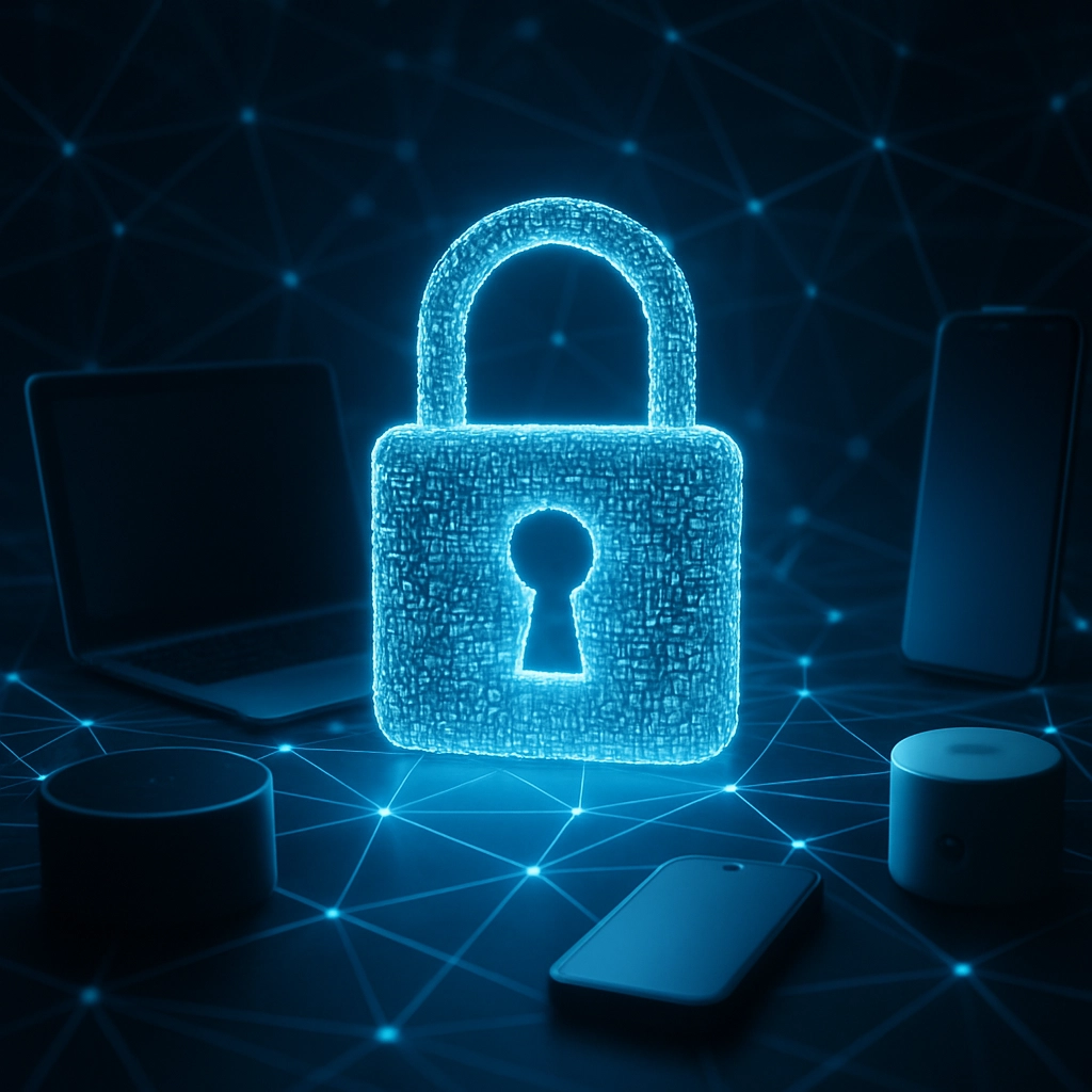 A realistic high-quality image of a secure digital lock composed of glowing binary code, surrounded by interconnected devices such as laptops, smartphones, and smart home gadgets, with a network background suggesting both connectivity and cybersecurity, no text, letters, or words anywhere in the image