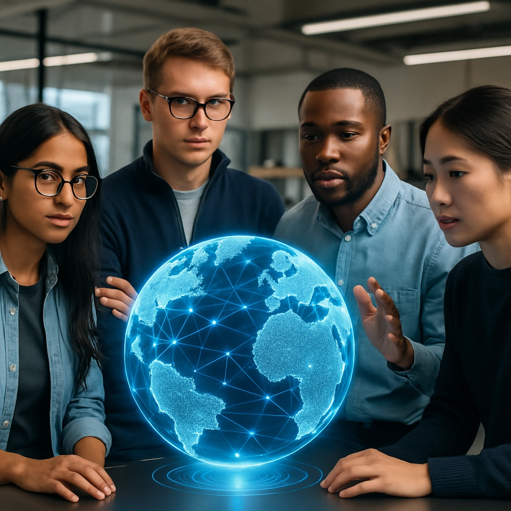 A realistic high-quality image of a diverse group of young engineers and scientists in a modern collaborative workspace, looking at a large holographic globe with digital connections, symbolizing the next generation of internet leadership, no text, letters, or words anywhere in the image