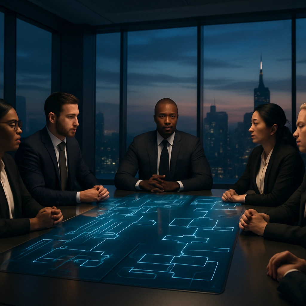 A photorealistic image of a diverse team of business leaders in a high-tech boardroom, gathered around a sleek conference table with interactive digital screens embedded in the surface, displaying abstract data flows and decision trees, large windows overlooking a futuristic city at dusk, dramatic lighting, professional atmosphere, no text or words