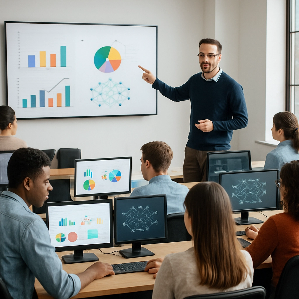 A hyper-realistic image of employees in a modern training center, sitting at computer stations with dual monitors, engaged in interactive online courses about data analysis and AI ethics, a friendly instructor in the background pointing to a large screen displaying colorful charts and neural network diagrams, bright and collaborative learning environment, no text or words