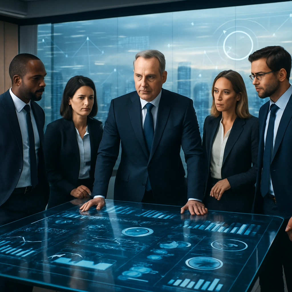A photorealistic image of a high-level strategic meeting in an executive boardroom, where a CEO and top managers stand around a transparent digital table displaying real-time data visualizations, market trends, and AI-driven simulations, while a large panoramic screen shows a futuristic cityscape with digital overlays of business metrics, isometric view, corporate and futuristic atmosphere, no text or words