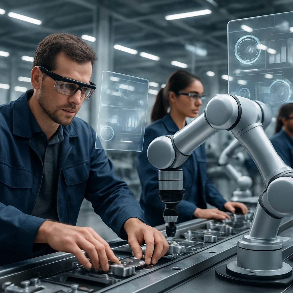A photorealistic image of a futuristic factory floor where human engineers in smart glasses collaborate with sleek collaborative robots, a human arm and a robotic arm working together on a complex assembly line, holographic interfaces floating in the air showing performance data, bright clean industrial environment, cinematic photography style, no text or words