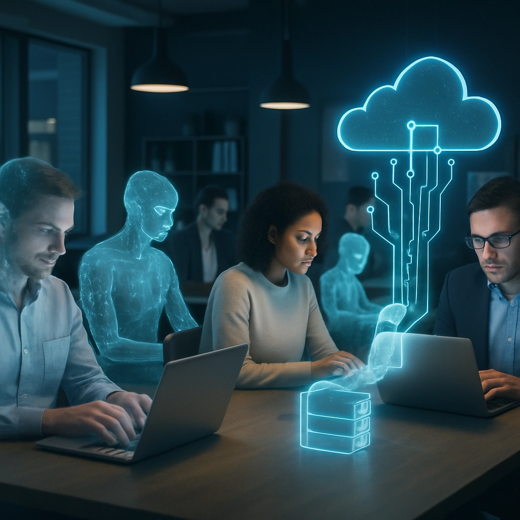 A realistic image of a modern office with multiple employees using various digital devices, while transparent, semi-visible robotic agents with glowing circuits are shown working alongside them, interacting with laptops and cloud servers. The office is bustling with activity, but the shadow agents are depicted as ethereal, ghost-like holograms, subtly manipulating data streams. The atmosphere is professional yet slightly surreal, with cool ambient lighting. No text, letters, or words are present in the image.