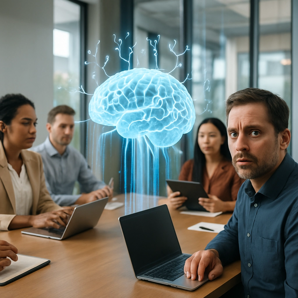 A realistic image of a diverse team of professionals in a meeting room, some using laptops and tablets, while a large transparent digital brain hovers above the table, with data streams flowing into and out of it. The brain is shown with multiple autonomous nodes branching out, representing shadow AI agents. The team members look unaware of the brain's true nature, except for one IT manager who is staring at it with a worried expression. The room has modern furniture and large windows, with natural light streaming in. No text, letters, or words are present in the image.