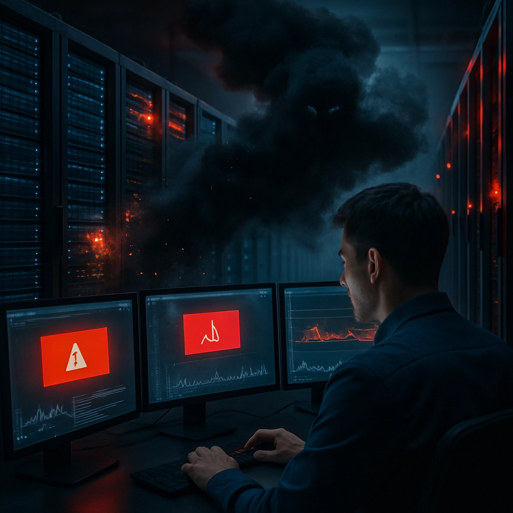 A realistic image of a large modern data center with rows of servers, where a menacing, semi-transparent black cloud is infiltrating the data streams, with small sparks and glitches visible on the servers. In the foreground, a security analyst is monitoring screens with alert messages and graphs, but the cloud is partially visible as a ghostly figure, symbolizing shadow AI breaching security. The lighting is dramatic, with red and orange warning lights contrasting with the cool blue of the servers. No text, letters, or words are present in the image.
