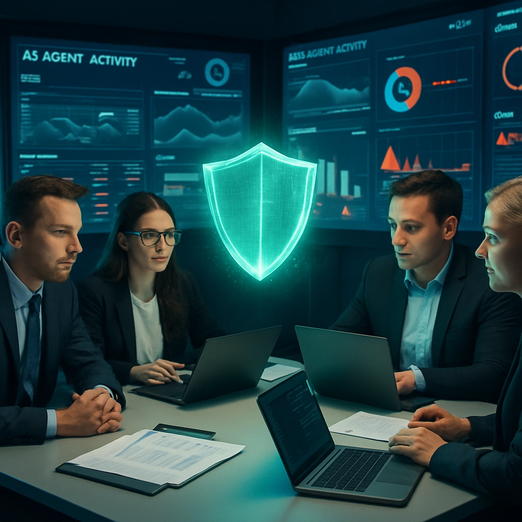 A realistic image of a professional IT governance team in a command center, with large wall screens displaying a dashboard of AI agent activity, including logs, risk scores, and alerts. The team is collaborating at a central table with laptops and paperwork, with a hologram of a shield symbolizing defense and security above them. The atmosphere is focused and confident, with a mix of blue and green tones, indicating control and safety. No text, letters, or words are present in the image.