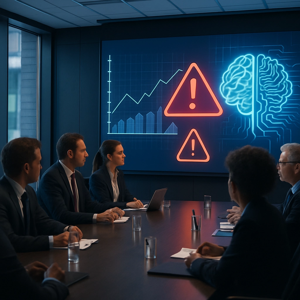 A high-tech, corporate boardroom filled with diverse professionals in suits, observing a large screen displaying a visualized graph with a prominent warning about 'responsible AI'. The screen shows a glowing brain icon surrounded by circuit patterns, with one side traditional analytics and the other side modern AI. The room is illuminated by both natural light from a window and the cool glow of the screen. An atmosphere of serious deliberation and caution. The image is photorealistic, with no text, letters, or words visible anywhere.