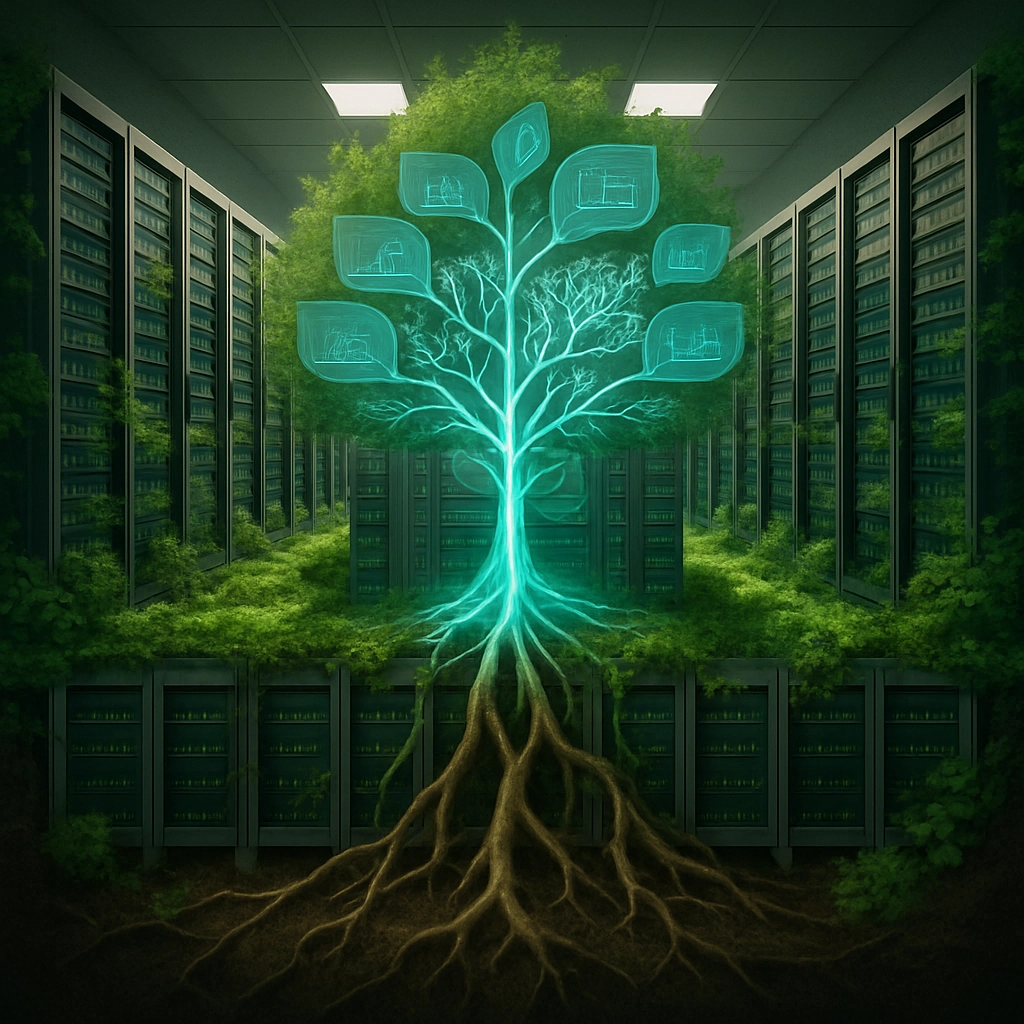 A cross-section of a modern data center with rows of servers, but transformed to resemble a lush green ecosystem with roots growing into the servers. The imagery represents the fusion of nature (representing human knowledge) and technology (representing AI). In the center, a glowing, intricate digital tree emerges from the servers, its leaves containing visual representations of graphs, charts, and neural networks. The overall tone is surreal and futuristic, highlighting the integration of AI into long-standing analytical systems. The image is photorealistic, no text, letters, or words.