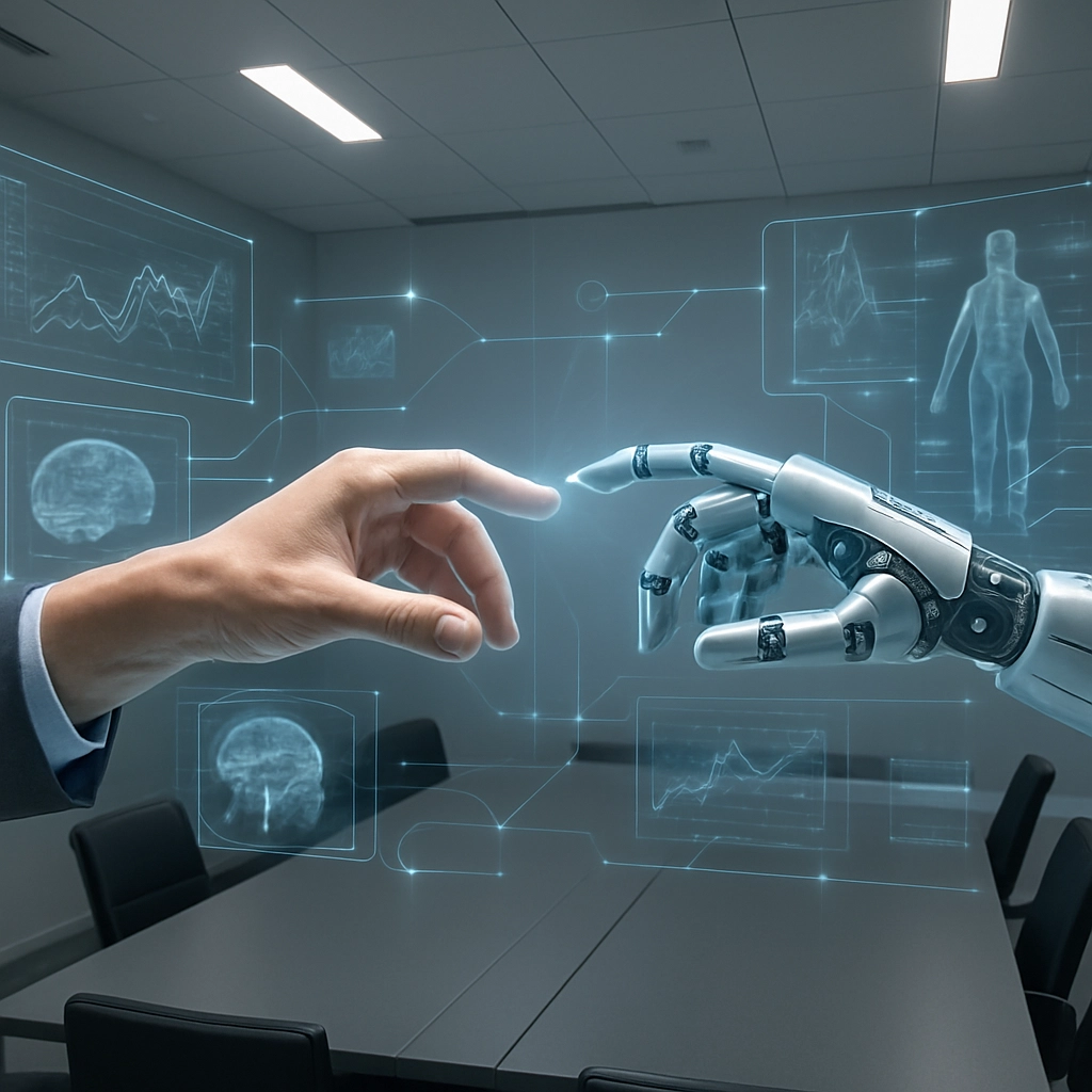 A futuristic, but realistic image of a meeting room where holographic projections of a human hand and a robotic hand are almost touching, symbolizing the balance between human and artificial intelligence. Around them, floating screens show complex graphs, medical diagrams, and financial analytics, all connected by glowing lines. The lighting is neutral and clean, and the design elements are sleek and professional. The image captures the essence of cautious collaboration and calculated innovation. The image is photorealistic, and must contain no text, letters, or words.