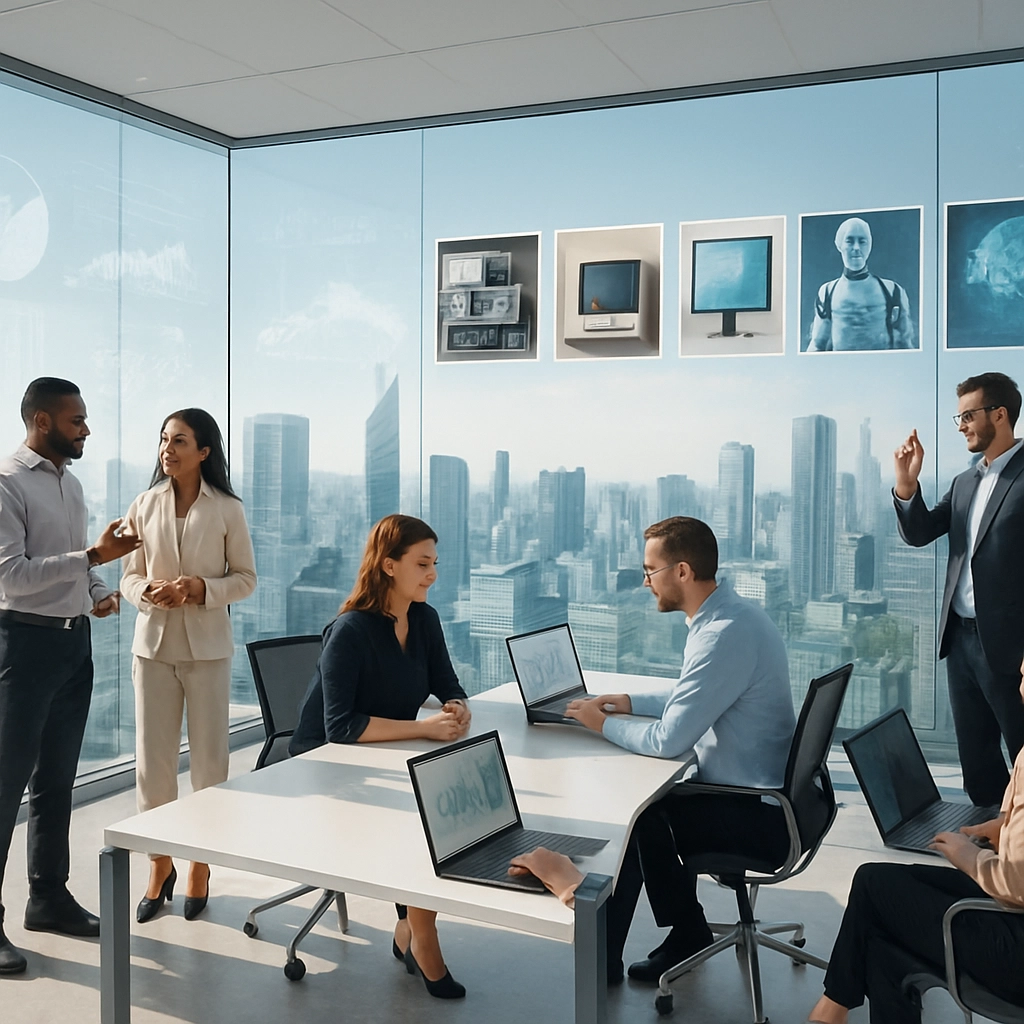 A wide-angle view of a futuristic, minimalist office in the center of a smart city, with advanced analytics displayed on glass walls. In the far background, a timeline of photographs or holograms showing the evolution from classic computer systems to modern AI, symbolizing the journey of 50 years. Diverse professionals are collaborating, using both traditional screens and augmented reality interfaces. The scene exudes optimism, innovation, and a sense of trusted history moving forward. The image is photorealistic, no text, letters, or words.