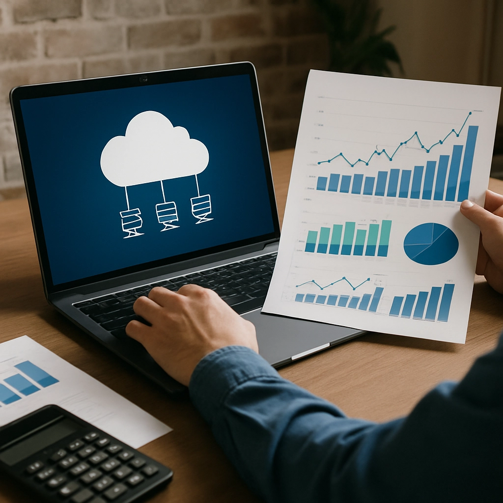 Manage cloud resources efficiently and watch financial analytics graphs. Generate an image WITHOUT ANY TEXT, LETTERS, OR WORDS.