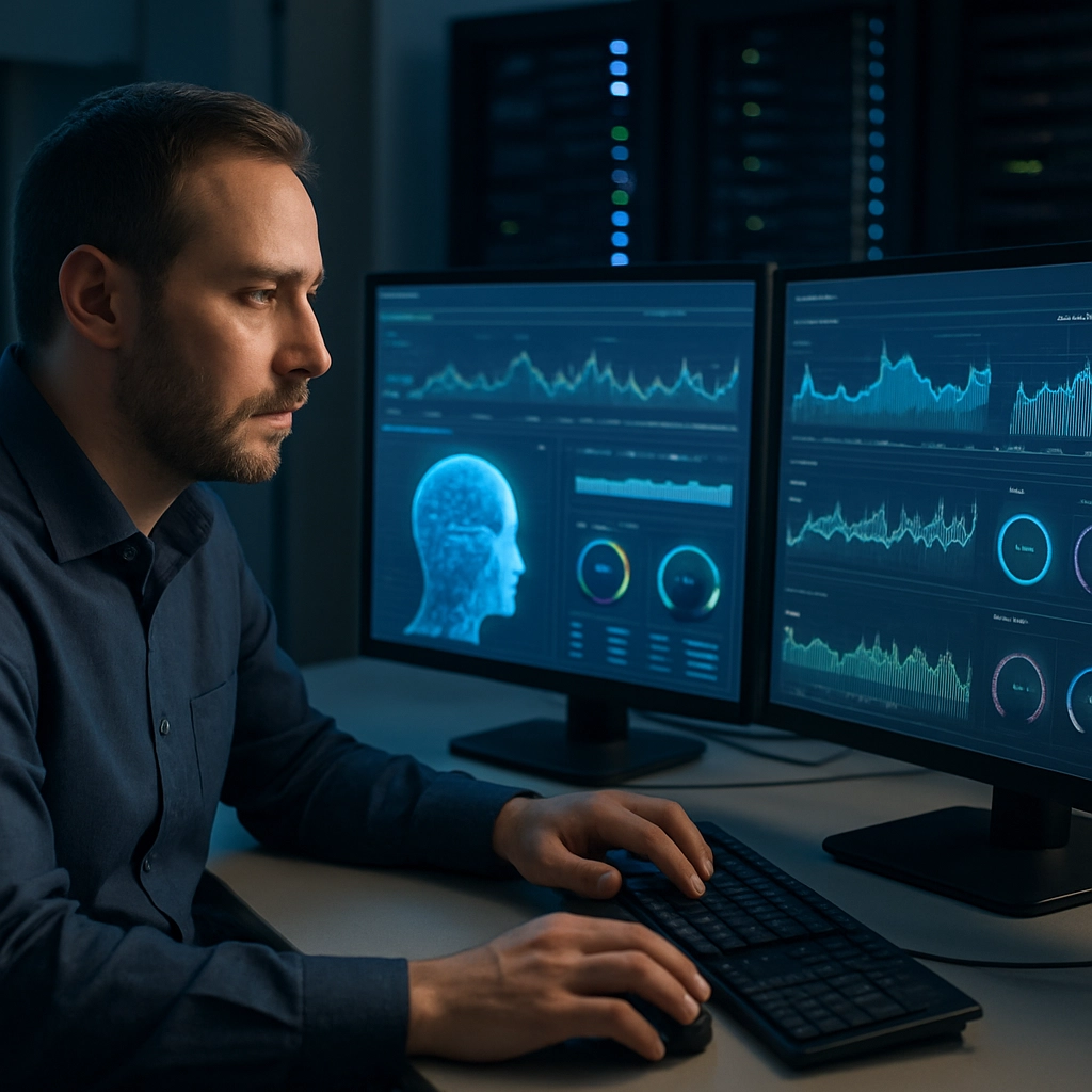 Integrate artificial intelligence into IT operations to enhance performance monitoring. Generate an image WITHOUT ANY TEXT, LETTERS, OR WORDS.
