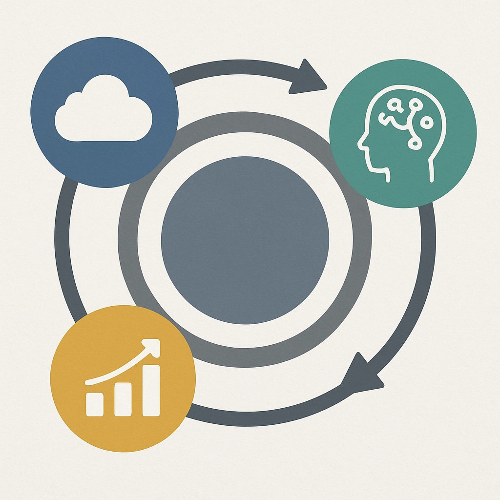 Design an integrated framework that combines CloudOps, FinOps, and AIOps into a cohesive operational autonomy model. Generate an image WITHOUT ANY TEXT, LETTERS, OR WORDS.