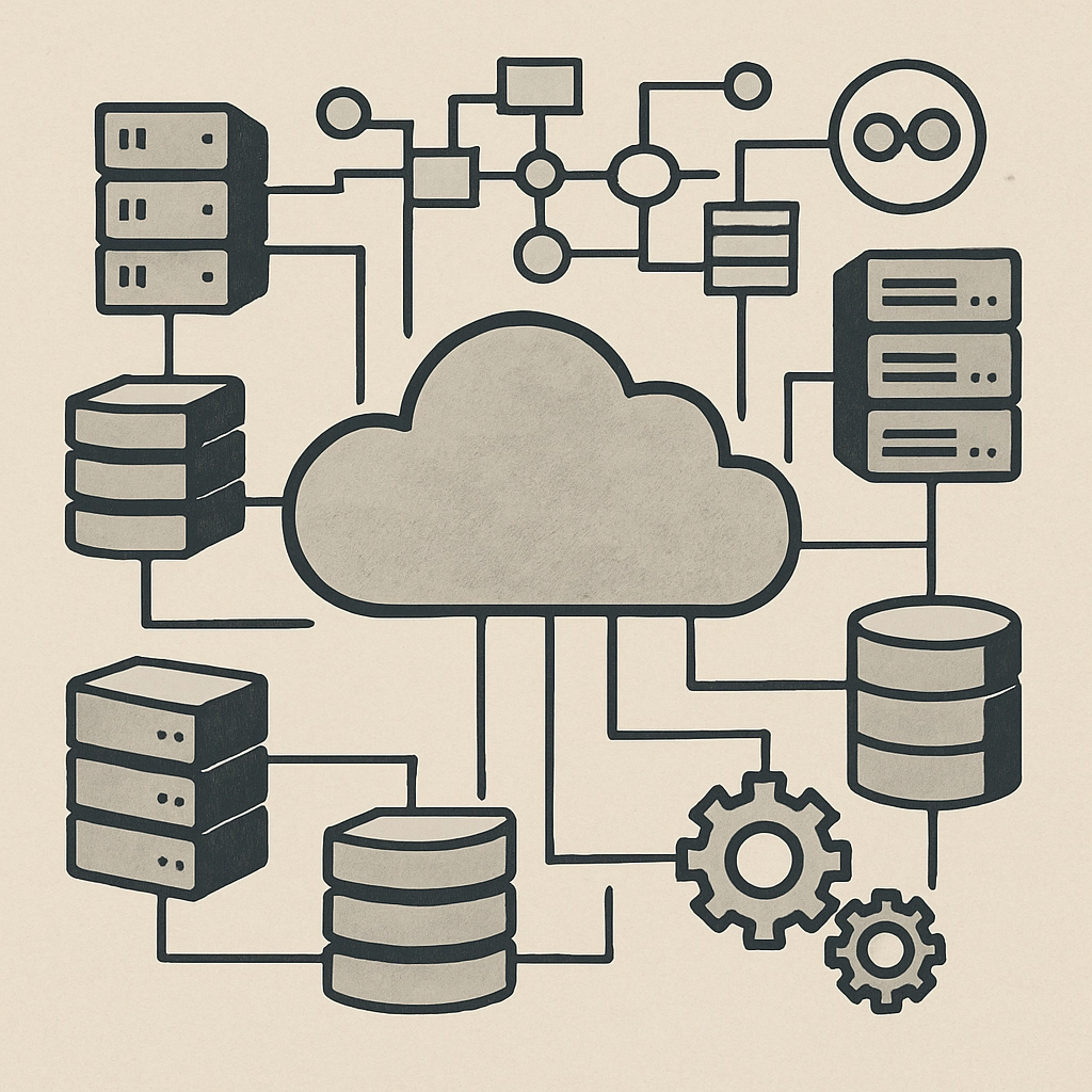 A detailed visual representation of cloud architecture highlighting various components such as servers, databases, an...
