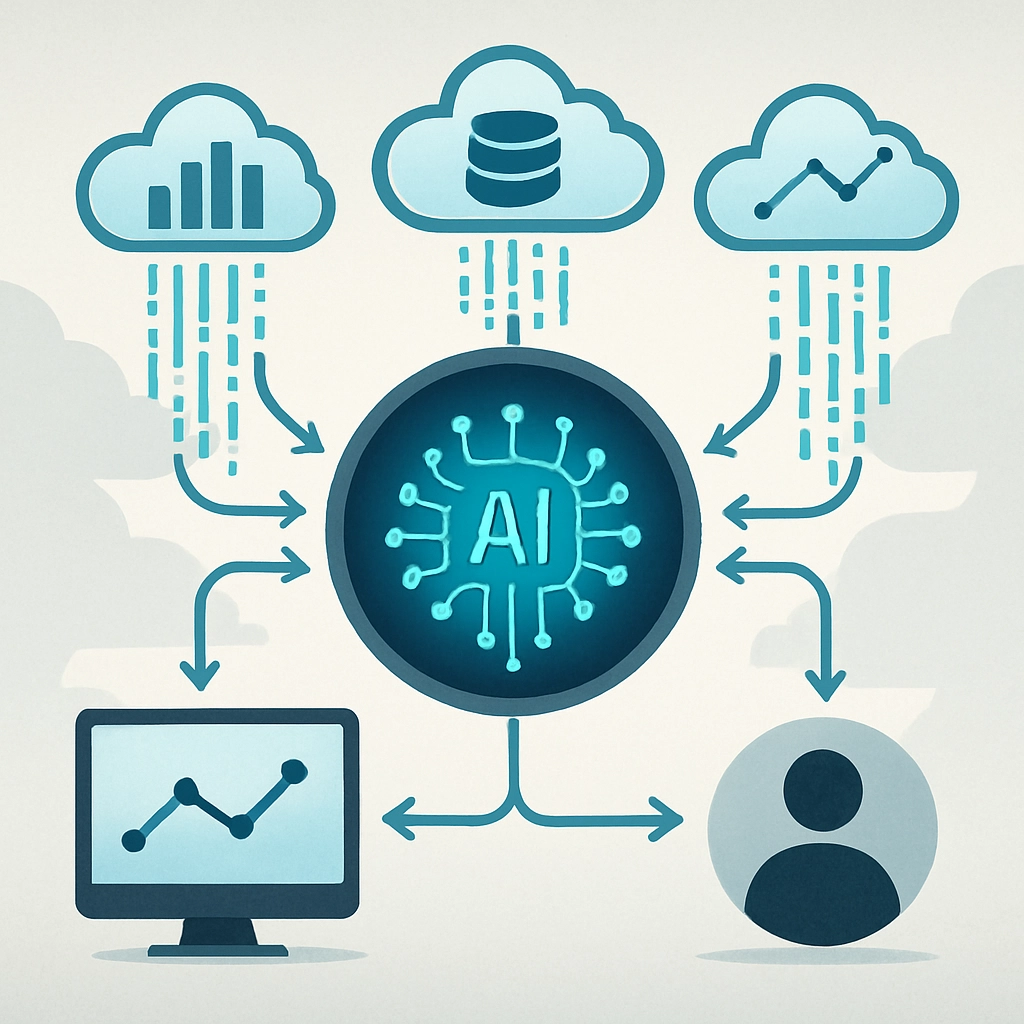 An illustrative graphic showcasing AI algorithms analyzing data streams from various cloud sources, demonstrating how...