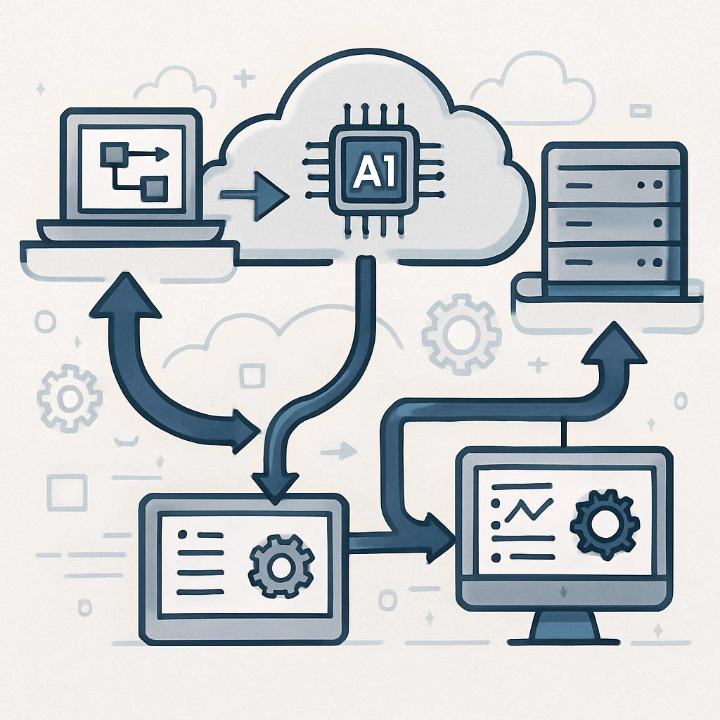 A technical illustration showing an integrated framework of AI and cloud services, visualizing how AI models are deve...